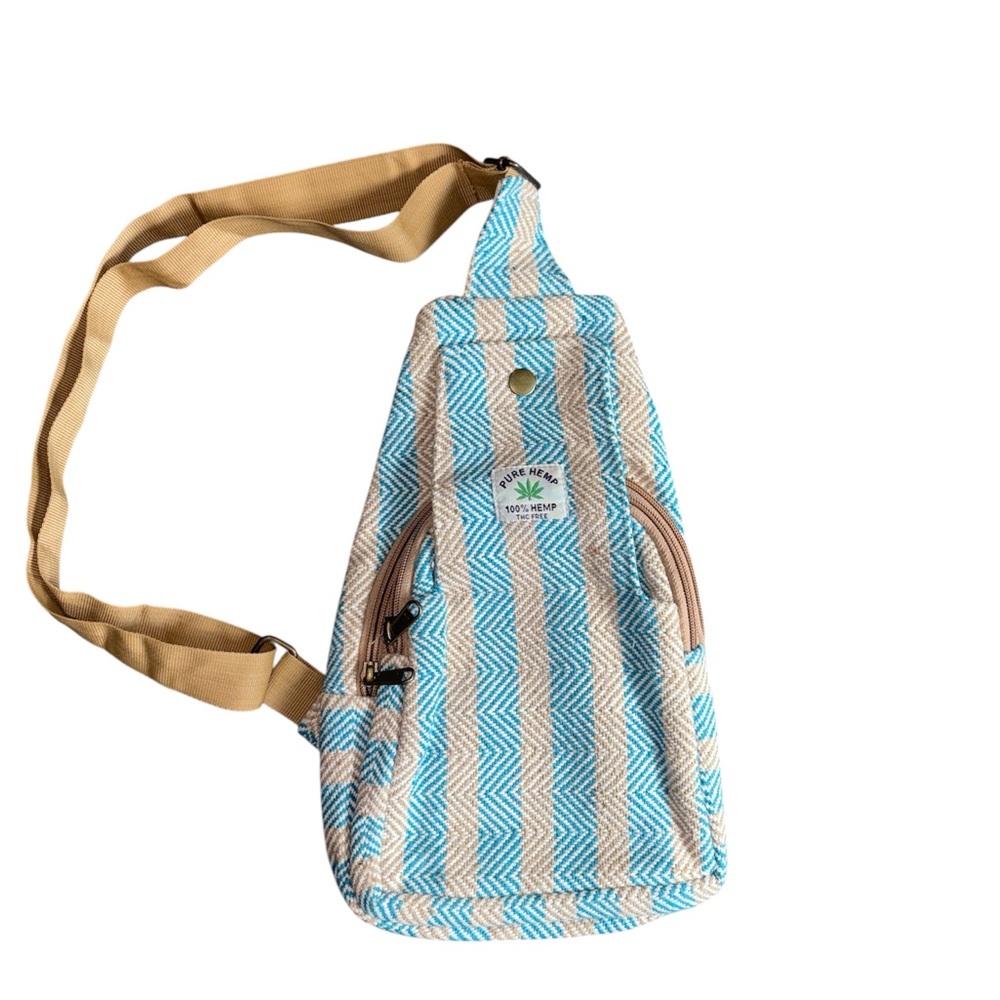 Blue and Tan Pure Hemp Sling Bag